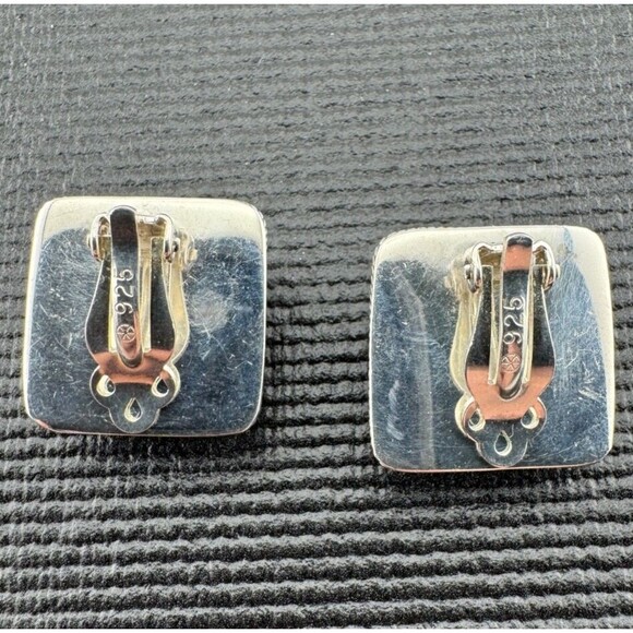 Sterling Silver 925 and Polished Natural Stone Square Clip On Earrings - Picture 2 of 4